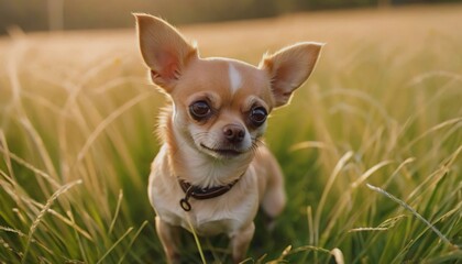 Chihuahua, dog at dawn, purebred dog in nature, happy dog, beautiful dog