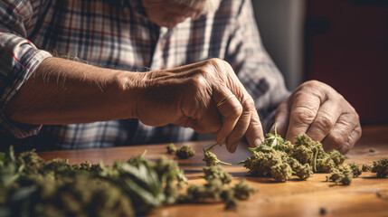 Close-up of retired senior man rolling weed on tab. - obrazy, fototapety, plakaty