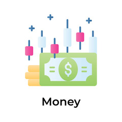 Currency note and coin with candlestick chart showing concept icon of money trading