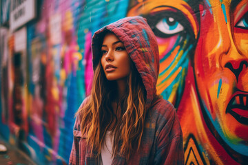 Street portrait, standing in front of a vibrant, colorful mural in a multicolored hooded jacket,...