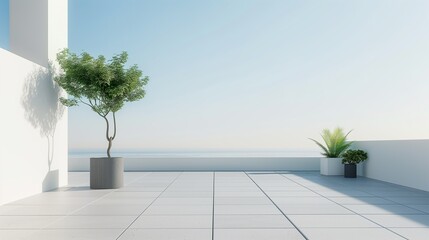 Empty balcony or roof terrace with potted plants. Relaxation, enjoying peaceful moments interior concept.