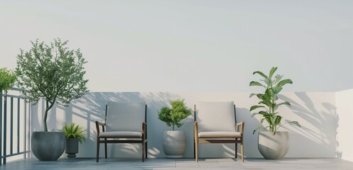 Empty balcony or roof terrace with cozy comfortable chairs, potted plants. Relaxation, enjoying peaceful moments interior concept. - obrazy, fototapety, plakaty