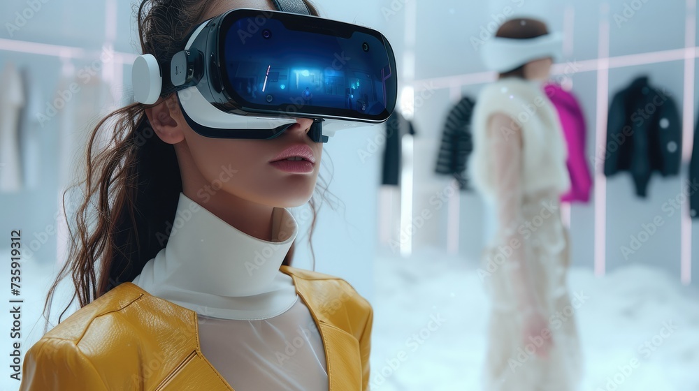 Aufkleber a woman wear virtual vr, embarking on a vision to provide a fashion experience that transcends physi