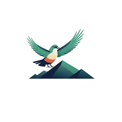 flat logo design, a bird flying in mountain.