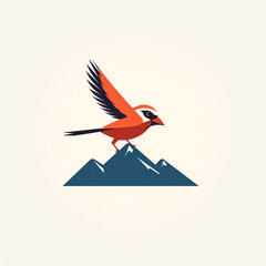 flat logo design, a bird flying in mountain.