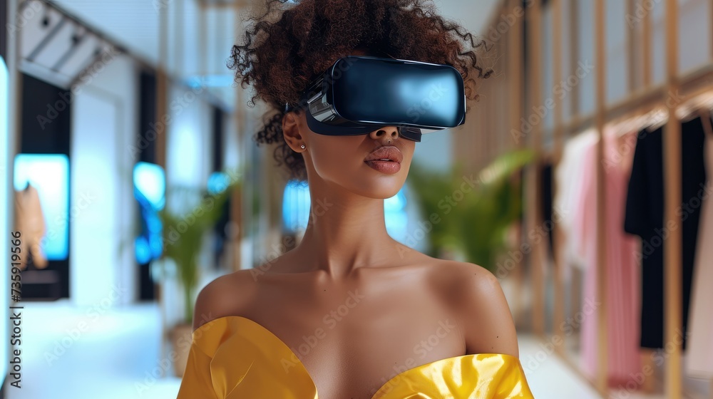 Aufkleber a woman wear virtual vr, embarking on a vision to provide a fashion experience that transcends physi