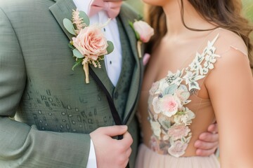 couple matching corsage and boutonniere on outfits - obrazy, fototapety, plakaty