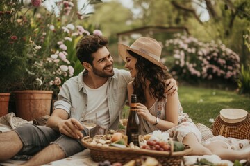 a loving young cheerful couple man and woman posing for photo on spring summer picnic in park backyard, drinking alcoholic beverages and eating food, snacks and having much fun, celebrating vacation