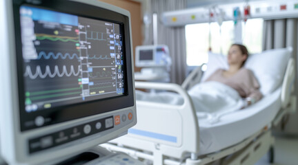 closeup of sharp lcd screen in foreground, hospital room, young woman in bed, bokeh, depth of field --no painting, illustration