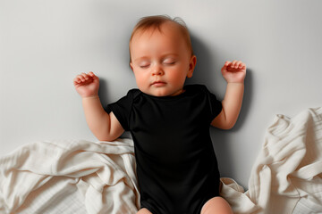 Sleeping baby in black short sleeved bodysuit in bedroom, mockup. Blank baby clothes template.