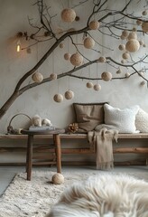 Cozy Indoor Oasis Nestled in Nature’s Embrace, Complete With a Rustic Tree Branch Bench Adorned With Plush Pillows and Blanket And Wooden Table and a Furry Soft Rug