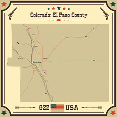 Large and accurate map of El Paso County, Colorado, USA with vintage colors.