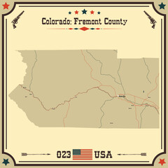 Large and accurate map of Fremont County, Colorado, USA with vintage colors.