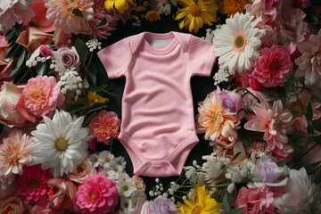 Mockup of pink baby bodysuit on white background. Blank baby clothes template, flat lay.