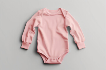 Mockup of pink long sleeved baby bodysuit on white background. Blank baby clothes template, flat lay.