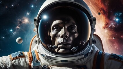 An astronaut turned into a skull floats in the cosmic ocean of galaxies and nebulae of space