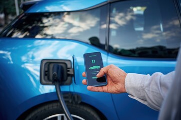 Showing process on the display of smartphone. Man with blue electric car on the charge station