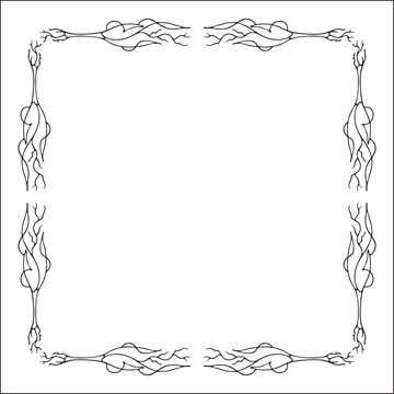 Black and white vegetal ornamental frame with tree branches, decorative border, corners for greeting cards, banners, business cards, invitations, menus. Isolated vector illustration.	