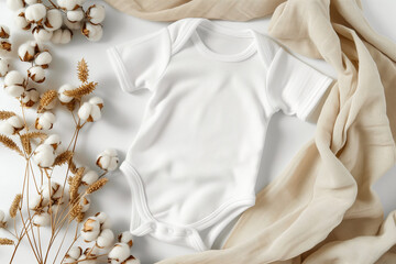 Mockup of white baby bodysuit on white sunny background with cotton flowers. Blank baby clothes template, flat lay.