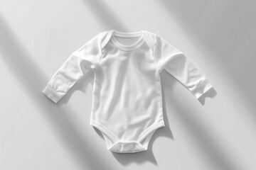 Mockup of white long sleeved baby bodysuit on white sunny backgrounds. Blank baby clothes template, flat lay.