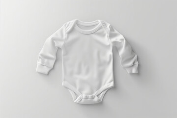 Mockup of white long sleeved baby bodysuit on white sunny backgrounds. Blank baby clothes template, flat lay.