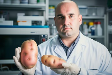 researcher with a lab coat displaying a gmo modified potato - obrazy, fototapety, plakaty
