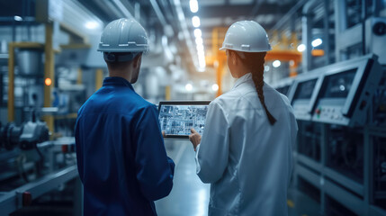 Industry Machinery Production. Two Engineers Use Tablet Computer Working With Big Data Statistics, Optimization of High-Tech Electronics Facility. Generative AI.