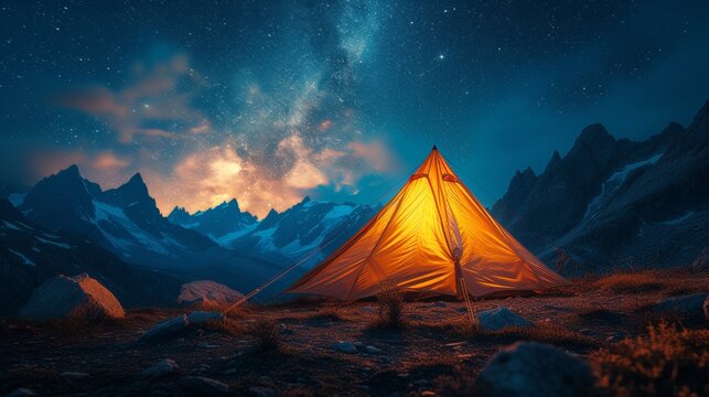 An evening under the stars in the mountains, with a tent pitched and glowing under the Milky Way. Photo composite.