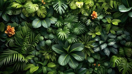 A lush, vibrant wall of assorted green leaf tropical plants, some adorned with tiny delicate flowers. Generative AI.