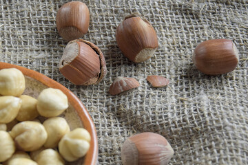 Ripe filbert kernels and hazelnuts in a shell on burlap background. Healthy nutrition, diet food. Close-up. Top view. Shallow depth of field. Selective focus.