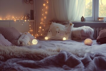 soft bedroom with fairy lights and fluffy pillows