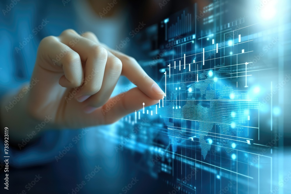 Poster Close up of Hand business man putting an index finger to graph analyzing stock market, in the style of light blue and light indigo. Generative AI.