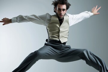 male dancer in vest and slacks midjump with a serious expression