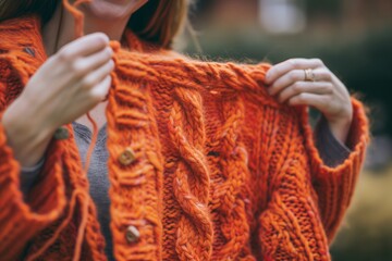 smiling knitter holding up an orange cardigan in progress