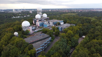 great drone shots of the old spy station on the Teufelsberg in Berlin - obrazy, fototapety, plakaty