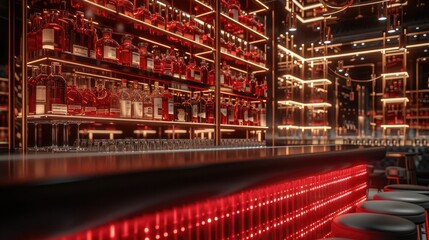 Fototapeta na wymiar A wonderful bar design in the restaurant, black and red luxurious and expensive bottle on the glass shelves of the bar. Generative AI.