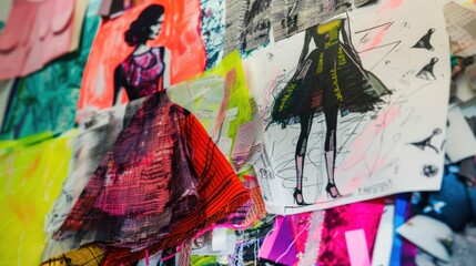 Designer meticulously selects fabrics from vibrant array of swatches and sketches, capturing creative fashion design process.