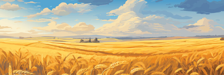 Sunny day rural countryside landscape with wheat fields, panorama vector illustration, agriculture scene - obrazy, fototapety, plakaty