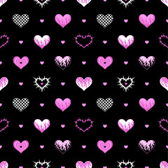 Y2k seamless pattern with hearts. Dark vector background. Black and pink. Fabric, textile print.