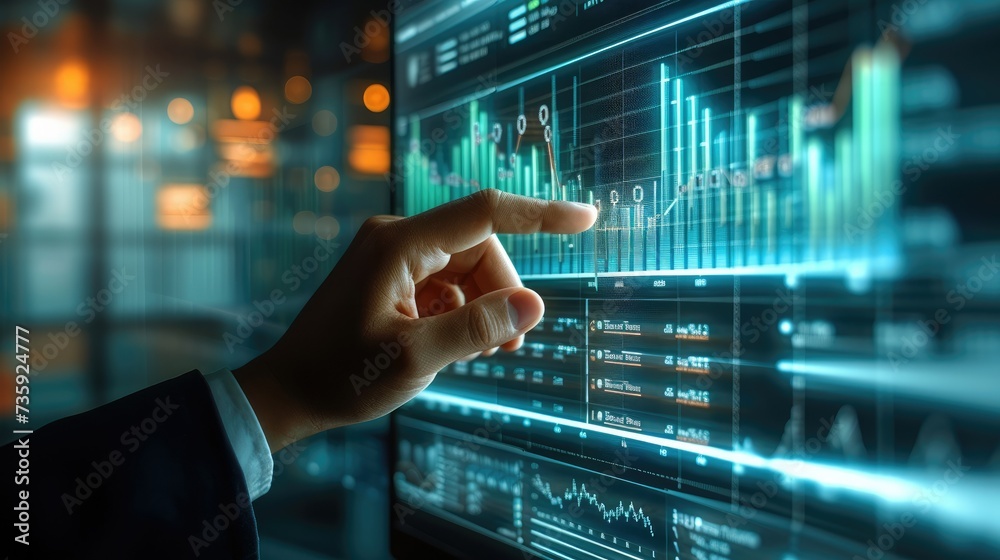 Aufkleber hand of person touching a transparent monitor screen showing a profit growth chart is developing a b