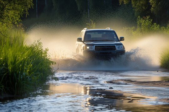 suv crossing a shallow river with splashing water