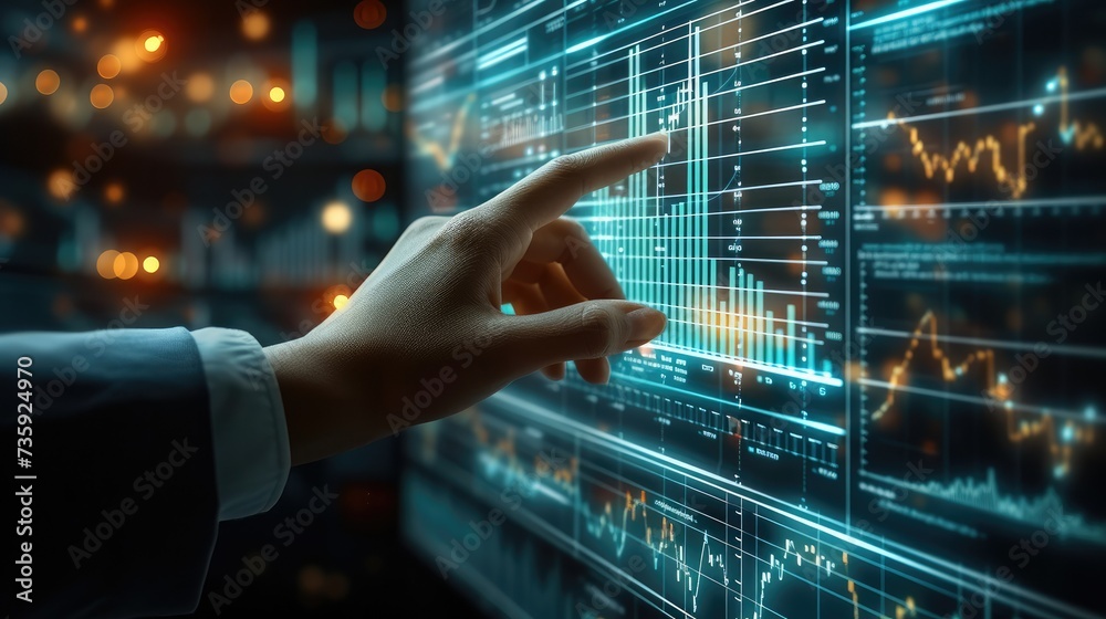 Aufkleber hand of person touching a transparent monitor screen showing a profit growth chart is developing a b