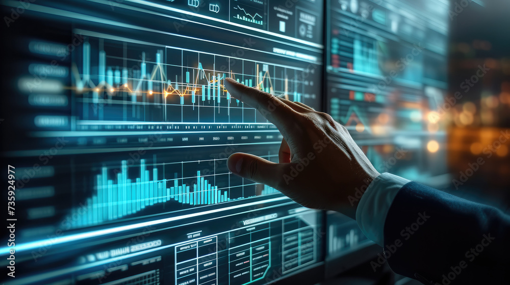 Aufkleber hand of person touching a transparent monitor screen showing a profit growth chart is developing a b