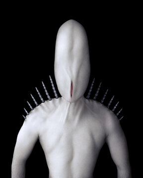 Monster without eyes, alien on a black background, extraterrestrial creature. Portrait of a strange monster with spikes.