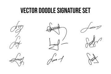 Handwritten fake signature set. Collection of vector fictitious autograph doodles on L letter. Scrawl lettering for business, signing of documents, certificates and contracts. - obrazy, fototapety, plakaty