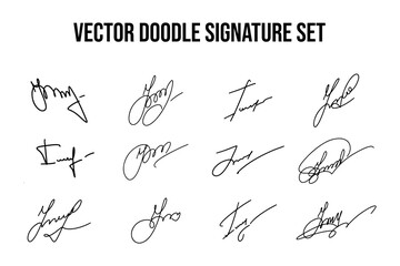 Handwritten fake signature set. Collection of vector fictitious autograph doodles on I letter. Business documentation lettering. - obrazy, fototapety, plakaty