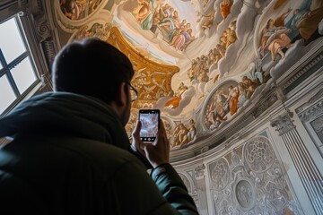 visitor photographs frescoed ceiling from rotunda - obrazy, fototapety, plakaty