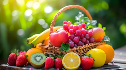 Fresh fruits and vegetables in a basket on wooden table in garden.
