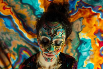 a person with a face painted to blend into a psychedelic background