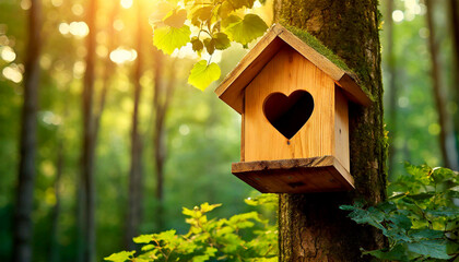 Close-up of a wooden birdhouse with heart shaped entrance, hanging on the trunk, in the background...